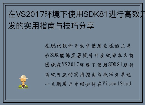 在VS2017环境下使用SDK81进行高效开发的实用指南与技巧分享